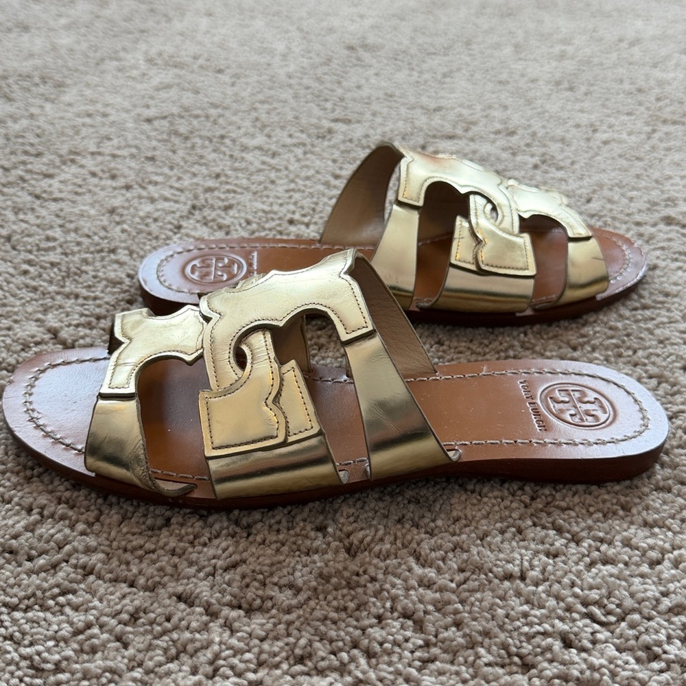 Tory Burch Anchor T Metallic Gold Slide Sandals - Picture 7 of 11